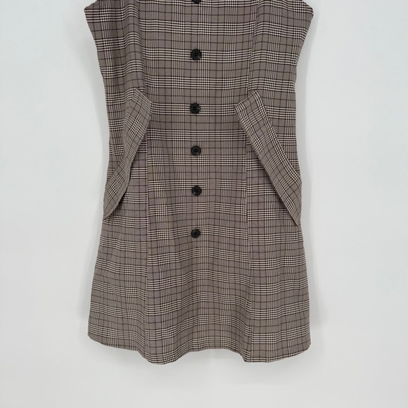 Plaid Button‎ Front Mini Dress Sweetheart Neckline Adjustable Straps Pockets - Picture 5 of 9
